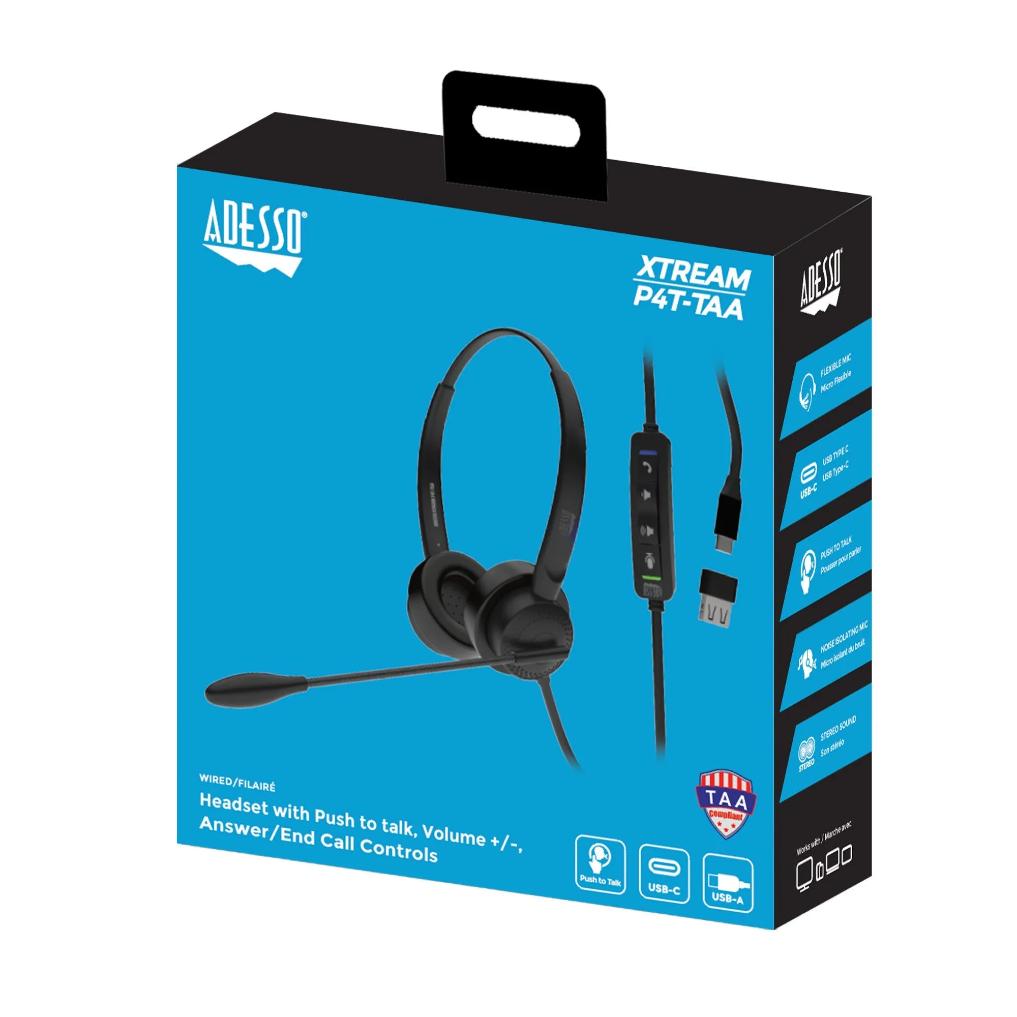 Adesso Xtream P4T-TAA Push to Talk Headset w/microphone, Volume  /-, answer/end call, USB C/USB A - 15-12870