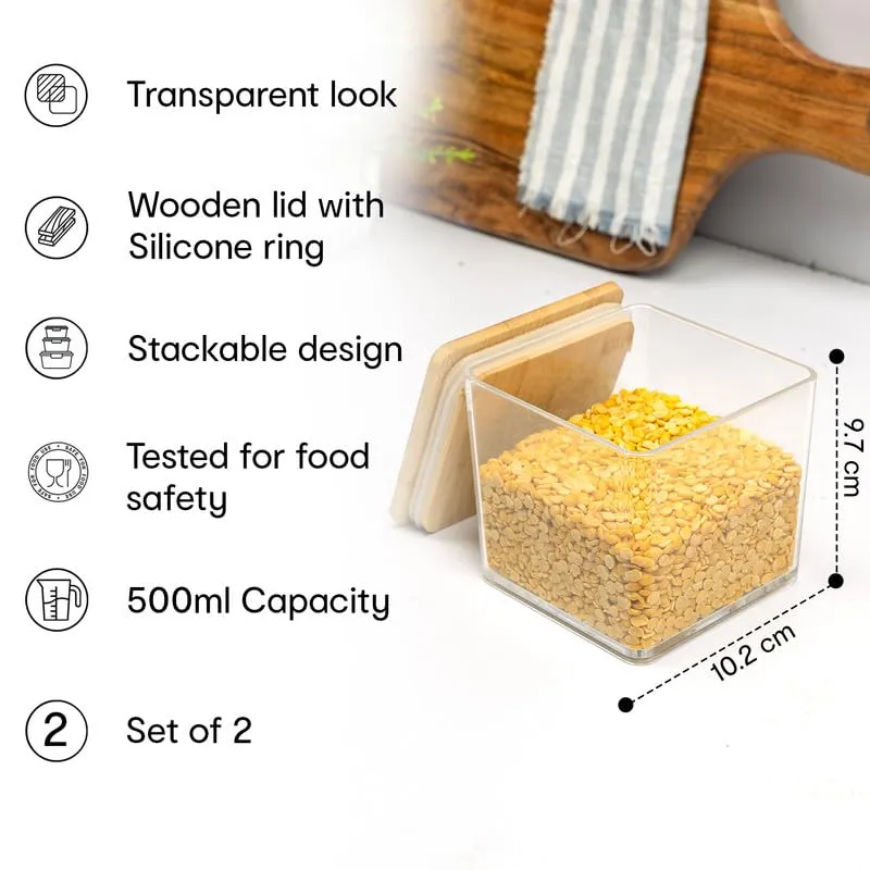 Anko 500 ML Acrylic Airtight Food Storage Container With Bamboo Wood Lid - Pack of 2|BPA-free Multi-utility Leak-proof Clear Acrylic Container for Spices, Dried Herbs, Nuts and Other Condiments