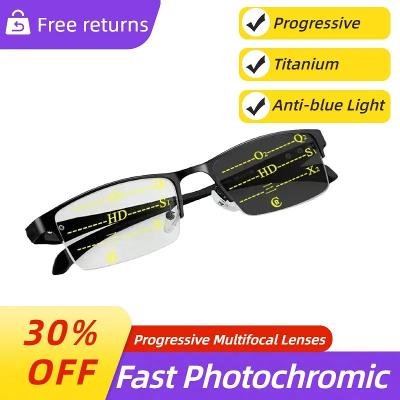 Automatic Adjustment Half-Frame Photochromic Progressive Multi-focus Anti-Blue Light Reading Glasses