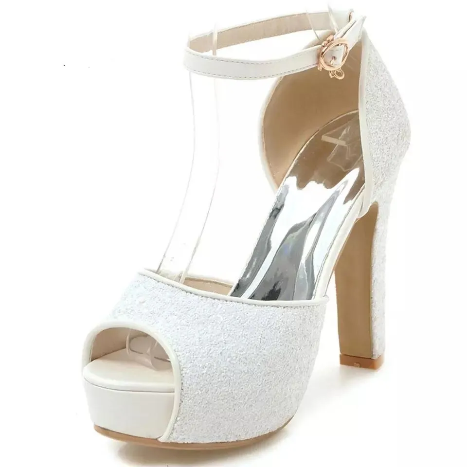 Bling Bridal sequined platform  Heels. Ankle strap Wedding Pumps