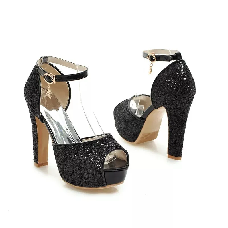 Bling Bridal sequined platform  Heels. Ankle strap Wedding Pumps