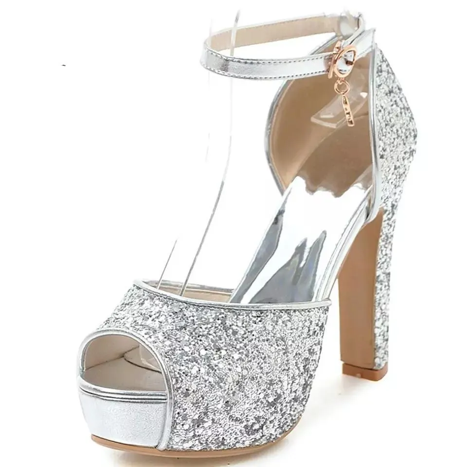 Bling Bridal sequined platform  Heels. Ankle strap Wedding Pumps