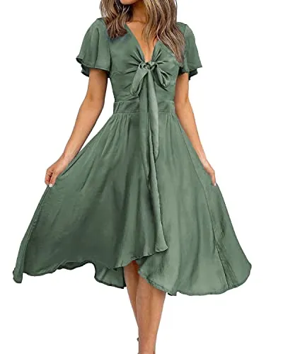 BTFBM Women Satin Deep V Neck Summer Dresses 2023 Spring Short Sleeve Tie Front Flowy Ruffle A-Line Midi Cocktail Dress(Solid Army Green, Small)