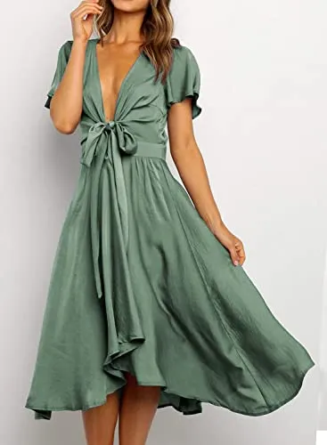 BTFBM Women Satin Deep V Neck Summer Dresses 2023 Spring Short Sleeve Tie Front Flowy Ruffle A-Line Midi Cocktail Dress(Solid Army Green, Small)