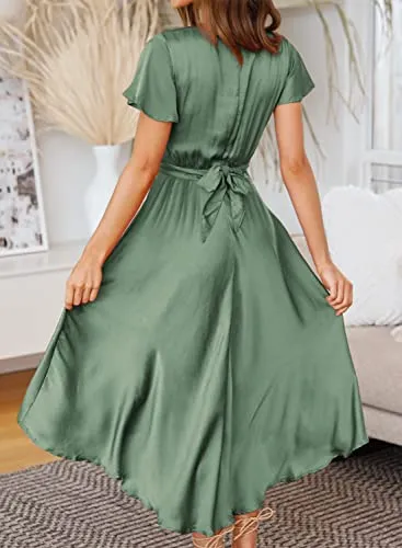 BTFBM Women Satin Deep V Neck Summer Dresses 2023 Spring Short Sleeve Tie Front Flowy Ruffle A-Line Midi Cocktail Dress(Solid Army Green, Small)