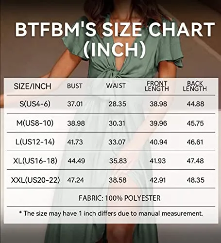 BTFBM Women Satin Deep V Neck Summer Dresses 2023 Spring Short Sleeve Tie Front Flowy Ruffle A-Line Midi Cocktail Dress(Solid Army Green, Small)