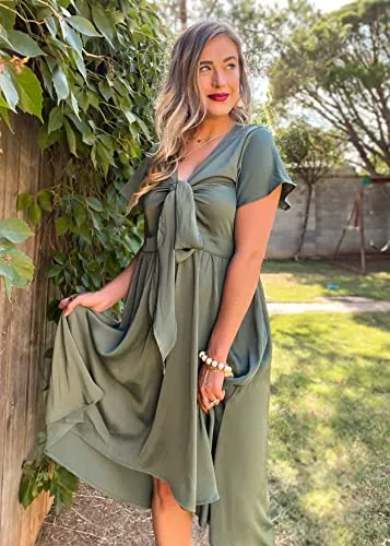 BTFBM Women Satin Deep V Neck Summer Dresses 2023 Spring Short Sleeve Tie Front Flowy Ruffle A-Line Midi Cocktail Dress(Solid Army Green, Small)