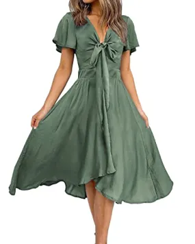 BTFBM Women Satin Deep V Neck Summer Dresses 2023 Spring Short Sleeve Tie Front Flowy Ruffle A-Line Midi Cocktail Dress(Solid Army Green, Small)