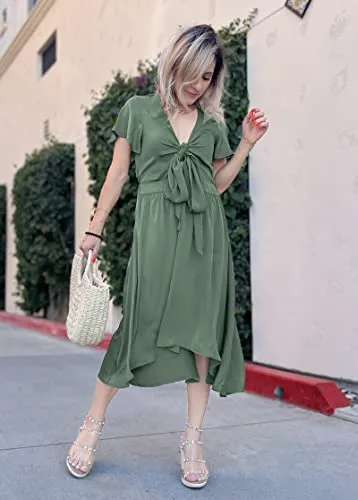 BTFBM Women Satin Deep V Neck Summer Dresses 2023 Spring Short Sleeve Tie Front Flowy Ruffle A-Line Midi Cocktail Dress(Solid Army Green, Small)