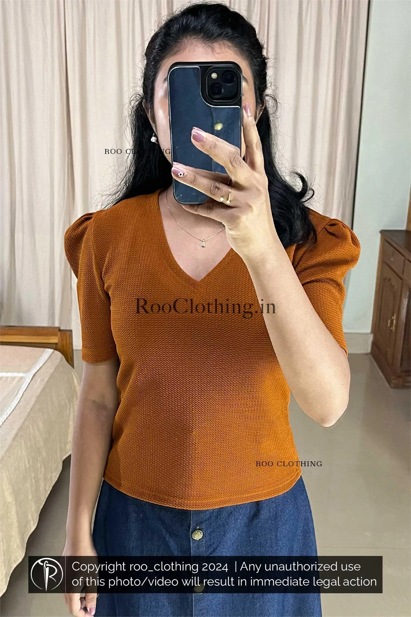 Burnt Orange Shade V Neck Top With Puff Sleeves (Top Only)