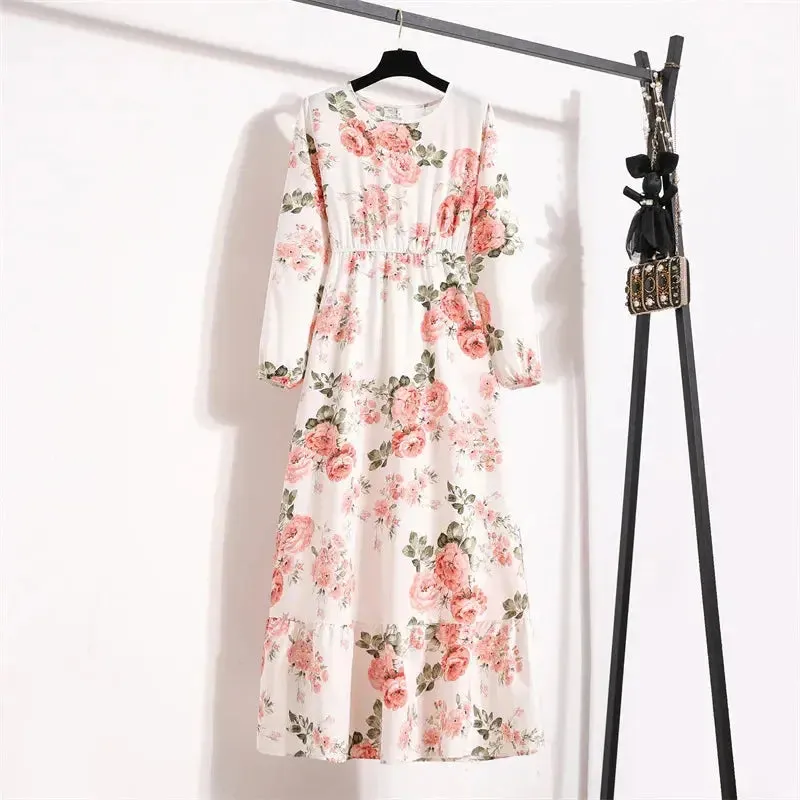 Casual Summer dresses for women Summer Dresses for Women Casual Solid Full Sleeve Floral Printed O-neck Woman Bohe Beach Party Long Dress Mujer Vestidos