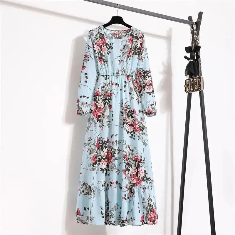 Casual Summer dresses for women Summer Dresses for Women Casual Solid Full Sleeve Floral Printed O-neck Woman Bohe Beach Party Long Dress Mujer Vestidos