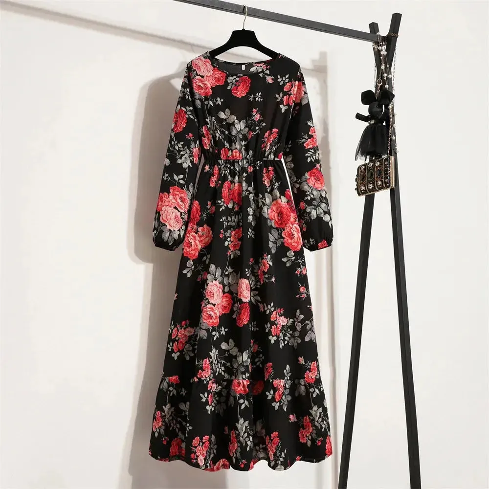 Casual Summer dresses for women Summer Dresses for Women Casual Solid Full Sleeve Floral Printed O-neck Woman Bohe Beach Party Long Dress Mujer Vestidos