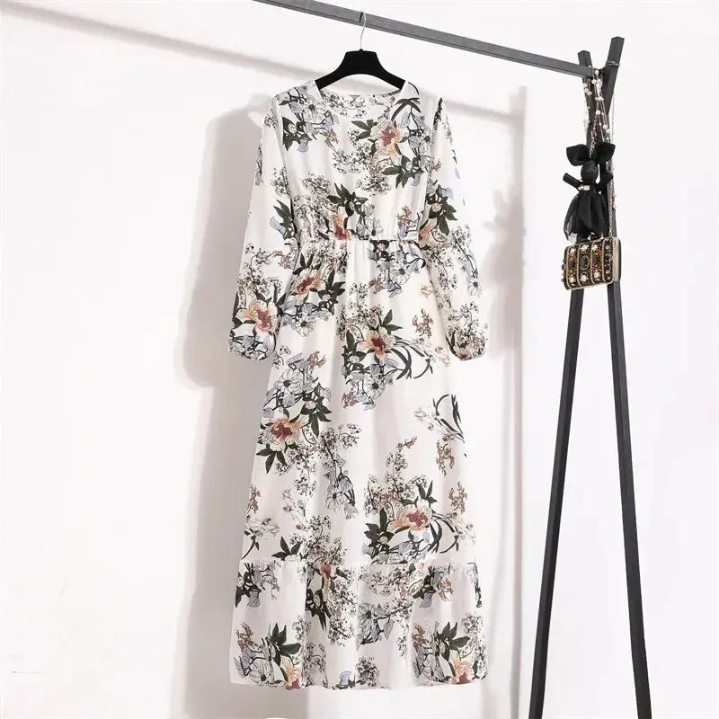 Casual Summer dresses for women Summer Dresses for Women Casual Solid Full Sleeve Floral Printed O-neck Woman Bohe Beach Party Long Dress Mujer Vestidos