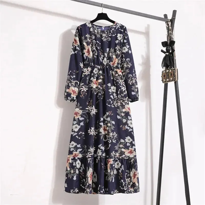 Casual Summer dresses for women Summer Dresses for Women Casual Solid Full Sleeve Floral Printed O-neck Woman Bohe Beach Party Long Dress Mujer Vestidos