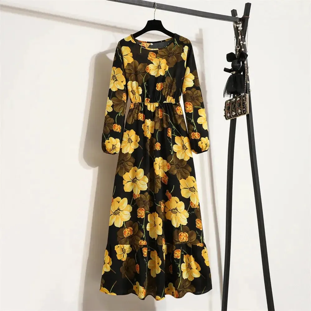 Casual Summer dresses for women Summer Dresses for Women Casual Solid Full Sleeve Floral Printed O-neck Woman Bohe Beach Party Long Dress Mujer Vestidos