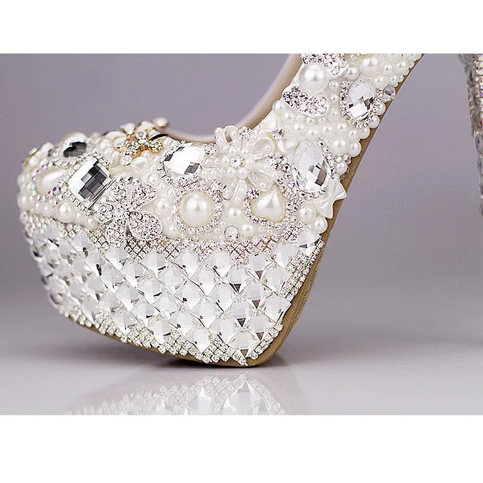 Custom Hand Made Beadings Bowknot Platform Super High Stiletto Heels Bridal Shoes