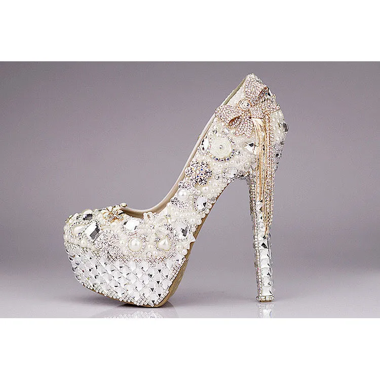 Custom Hand Made Beadings Bowknot Platform Super High Stiletto Heels Bridal Shoes