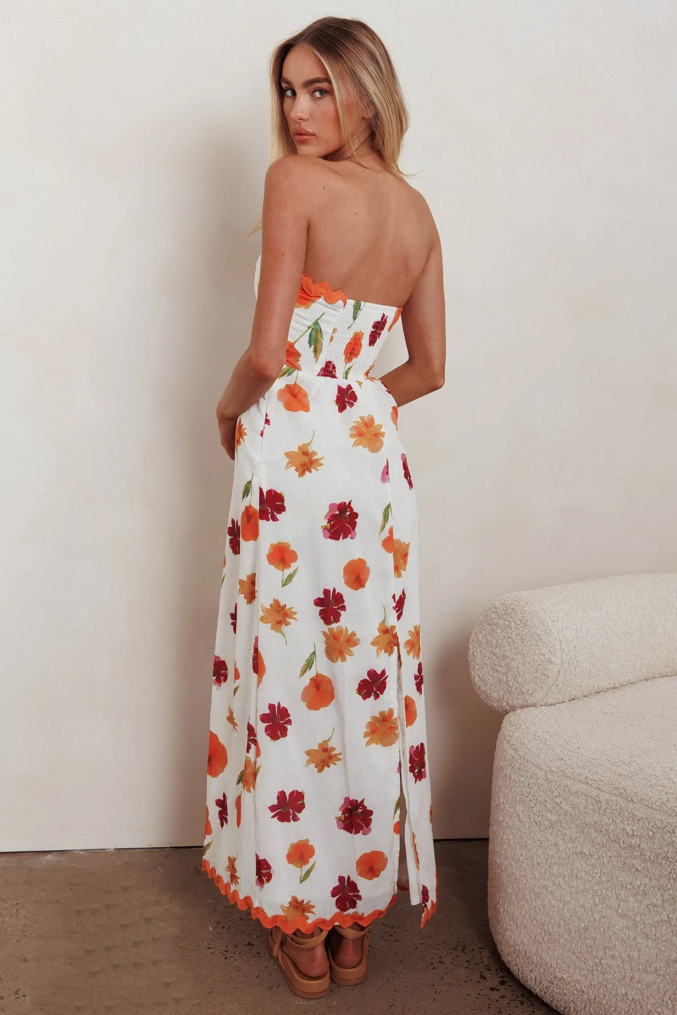 Cypress Ric Rac Trim Floral Strapless Maxi Dress Orange Multi