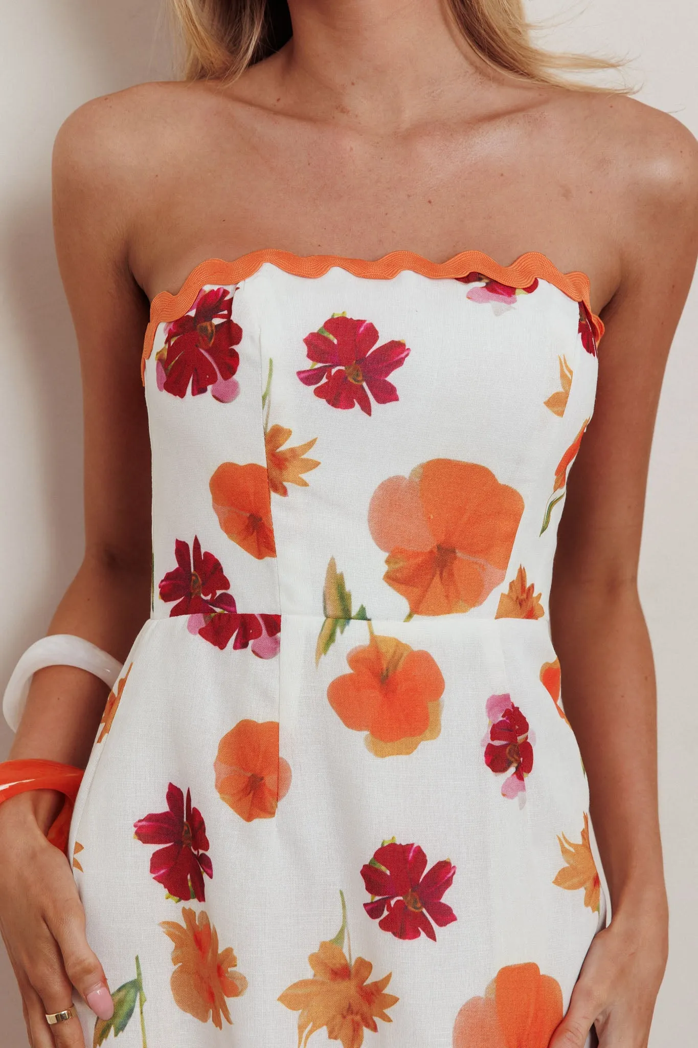 Cypress Ric Rac Trim Floral Strapless Maxi Dress Orange Multi