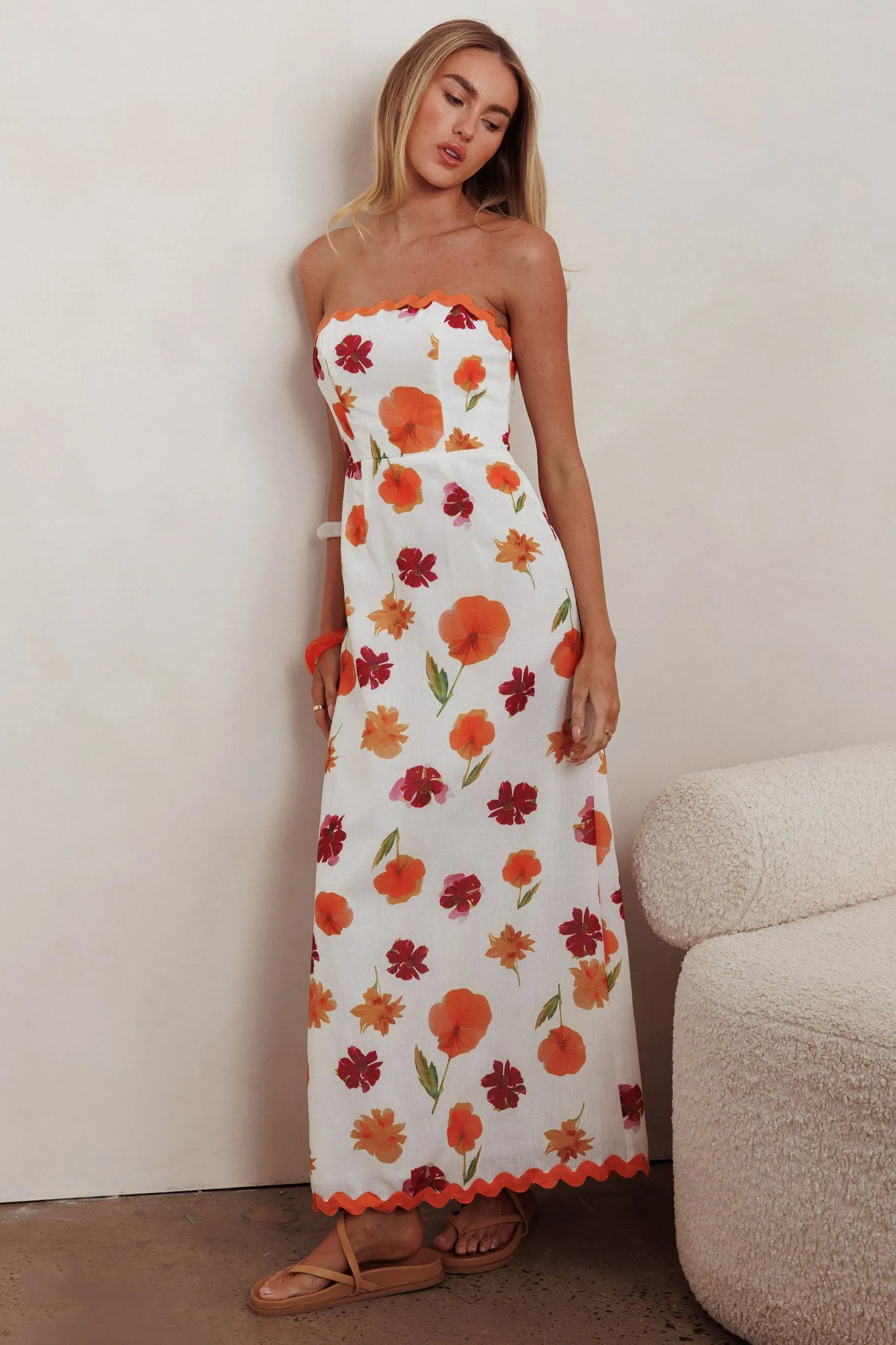 Cypress Ric Rac Trim Floral Strapless Maxi Dress Orange Multi