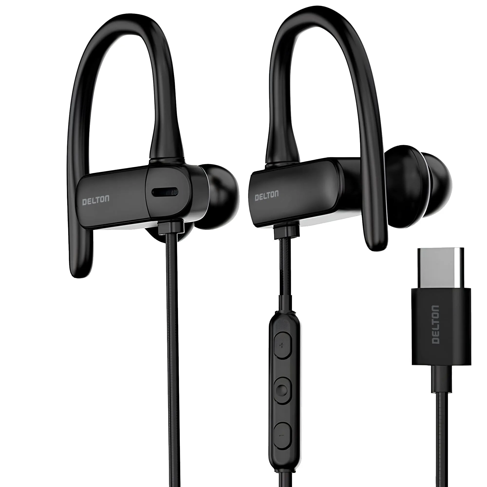 Delton 24EC USB-C Wired Earbuds with Microphone Ergonomic In-Ear Design with Ear Hook