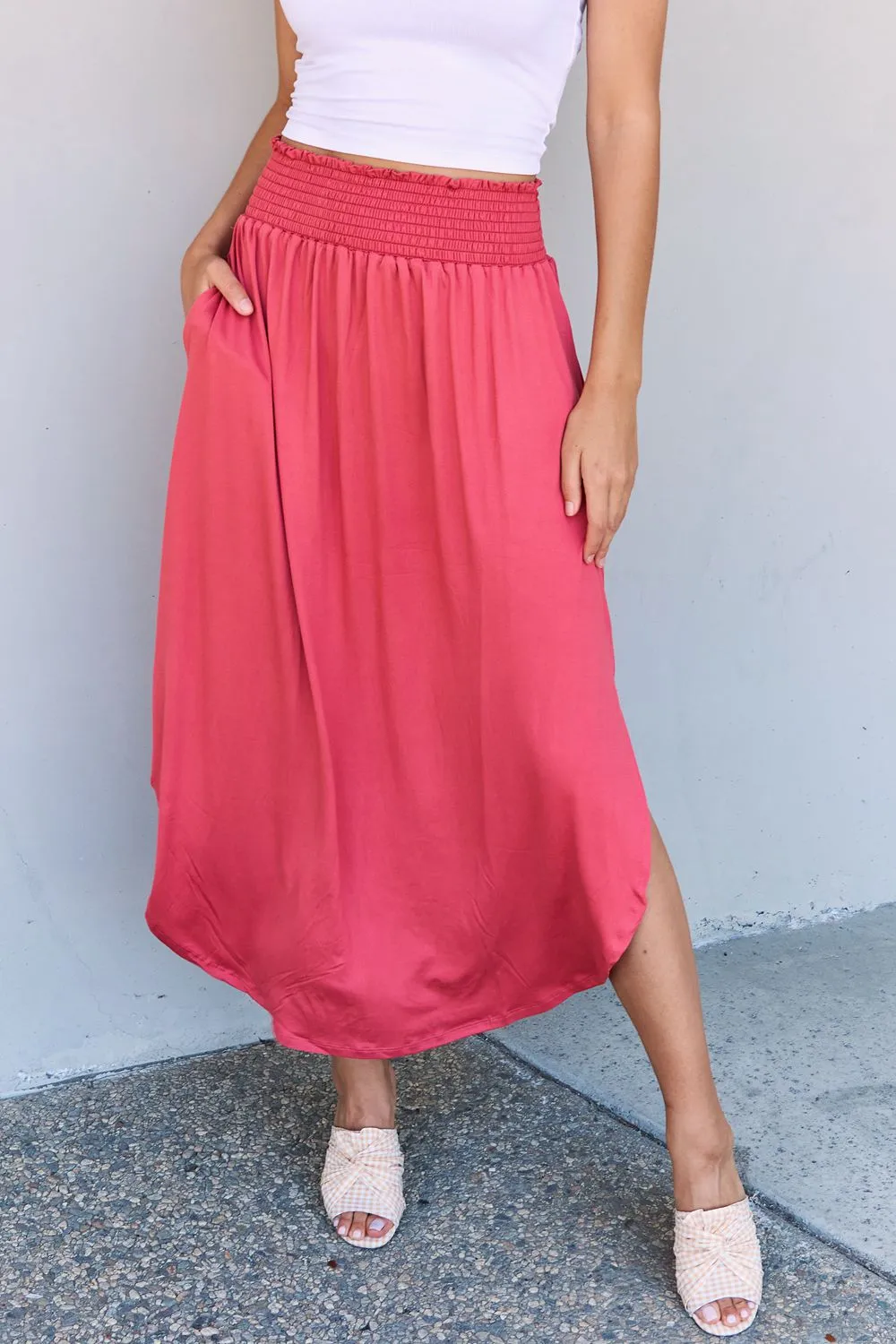 Doublju Comfort Princess Full Size High Waist Scoop Hem Maxi Skirt in Hot Pink