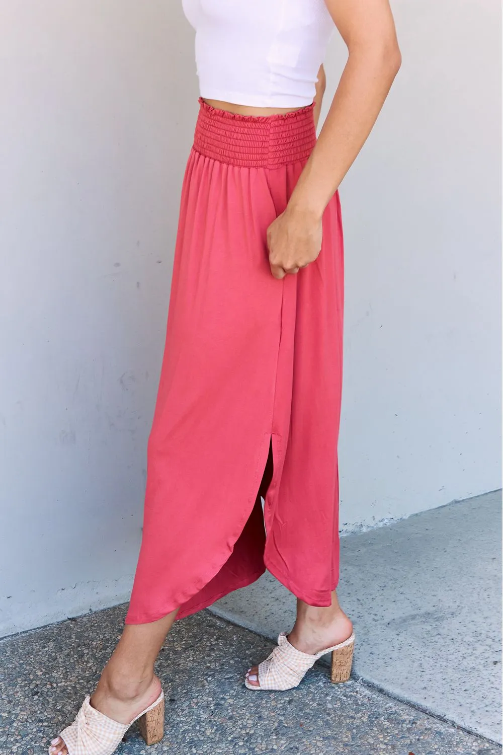 Doublju Comfort Princess Full Size High Waist Scoop Hem Maxi Skirt in Hot Pink