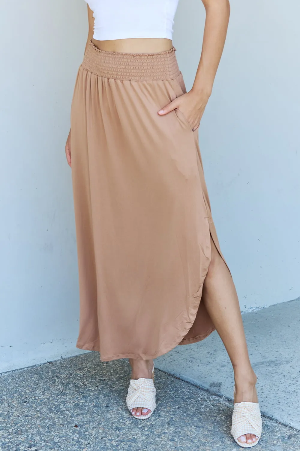 Doublju Comfort Princess Full Size High Waist Scoop Hem Maxi Skirt in Tan