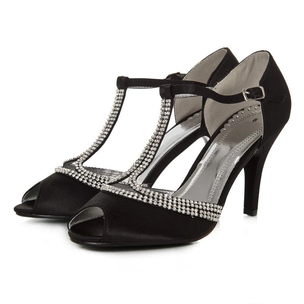 Faye Diamante Encrusted T-Bar Medium Heeled Ankle Strap Sandal