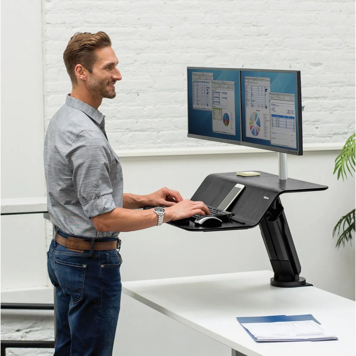 Fellowes Lotus Rt Sit-Stand Workstation - Black / Grey (For Dual Monitor)