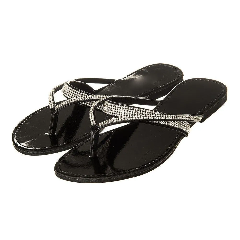 Flat Mule Sandal With Diamante Straps And Toe Post