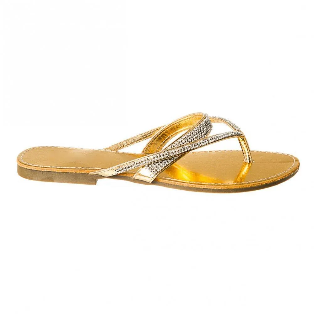 Flat Mule Sandal With Diamante Straps And Toe Post