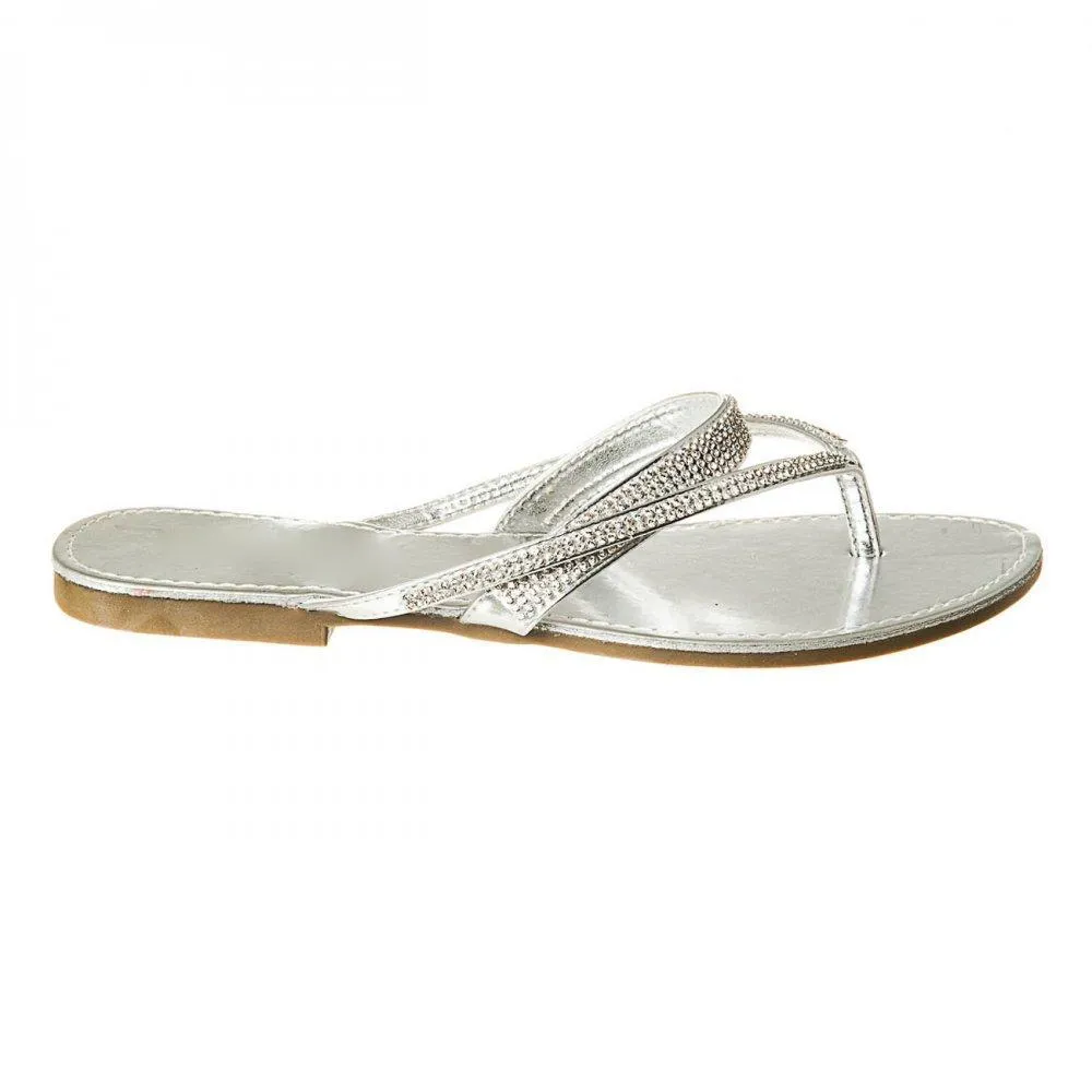 Flat Mule Sandal With Diamante Straps And Toe Post