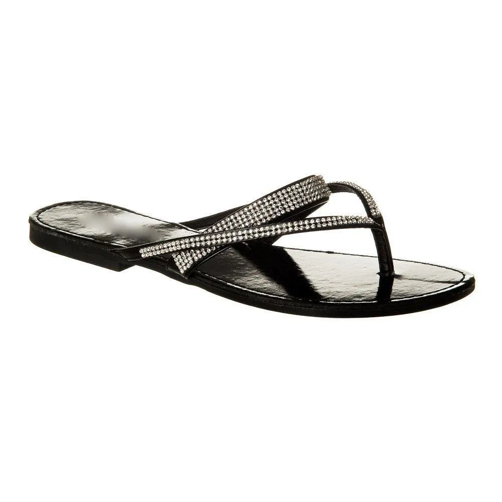 Flat Mule Sandal With Diamante Straps And Toe Post