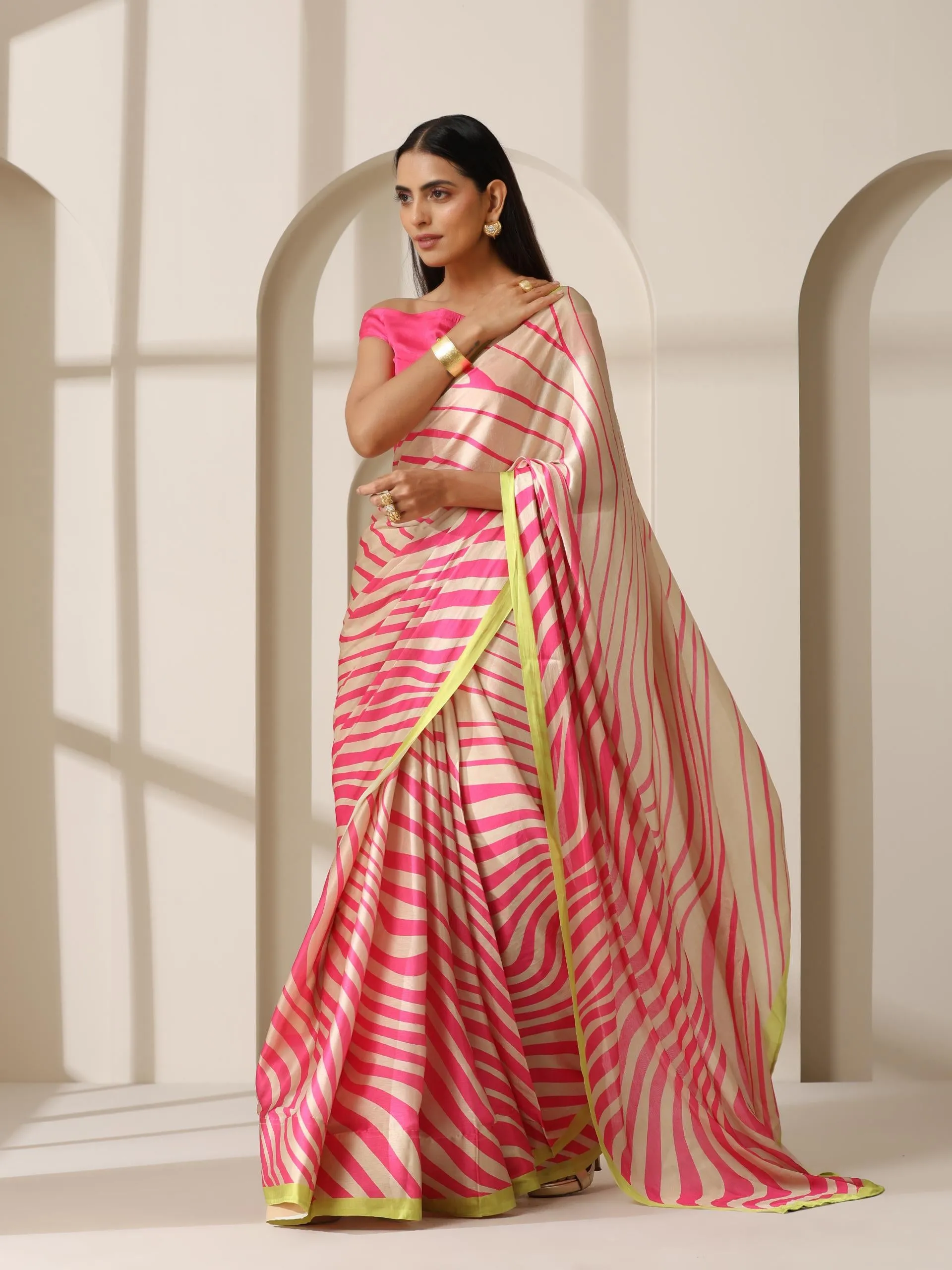 Flirty Fuchsia Waves Satin Print Saree with Neon Border & Blouse Fabric