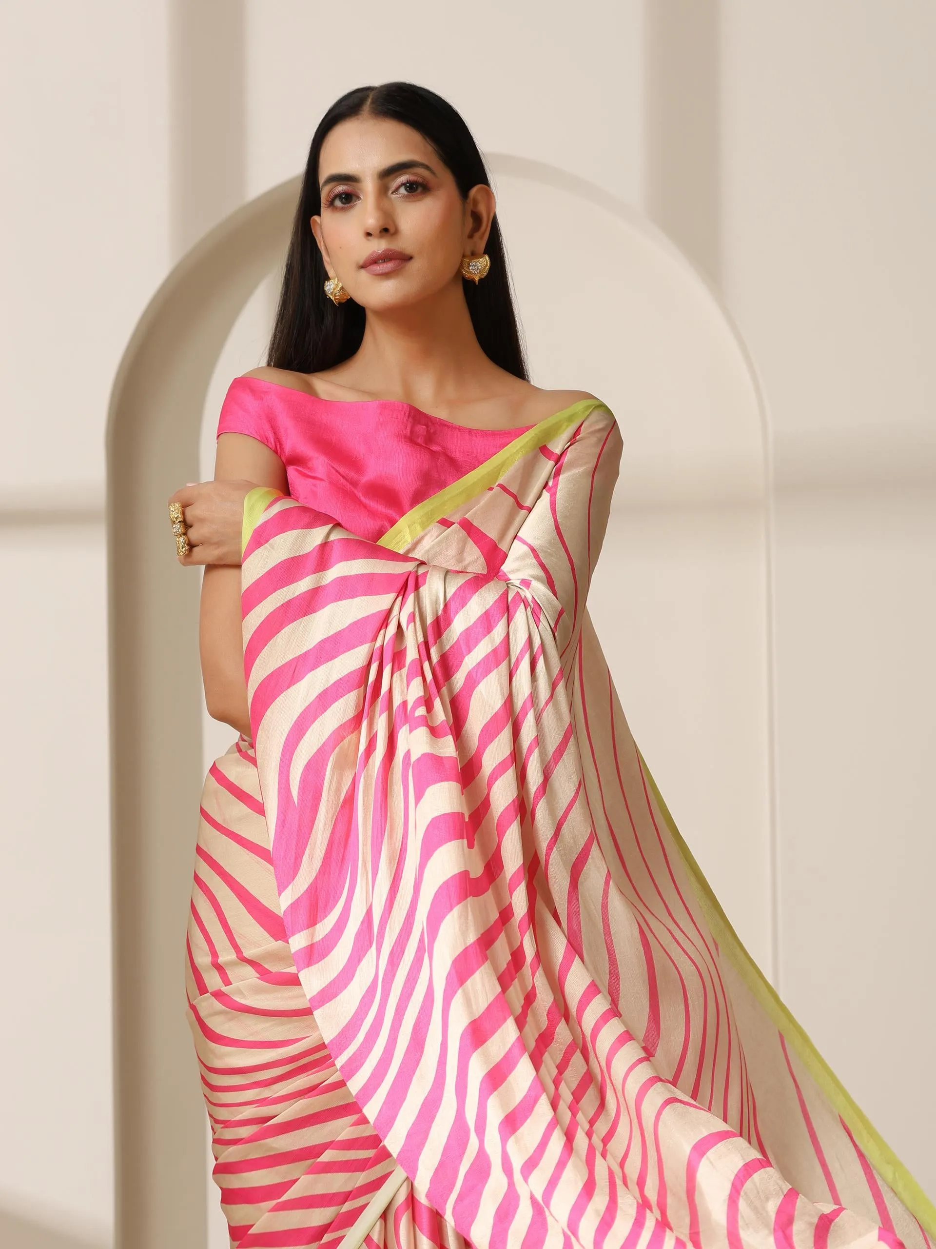 Flirty Fuchsia Waves Satin Print Saree with Neon Border & Blouse Fabric