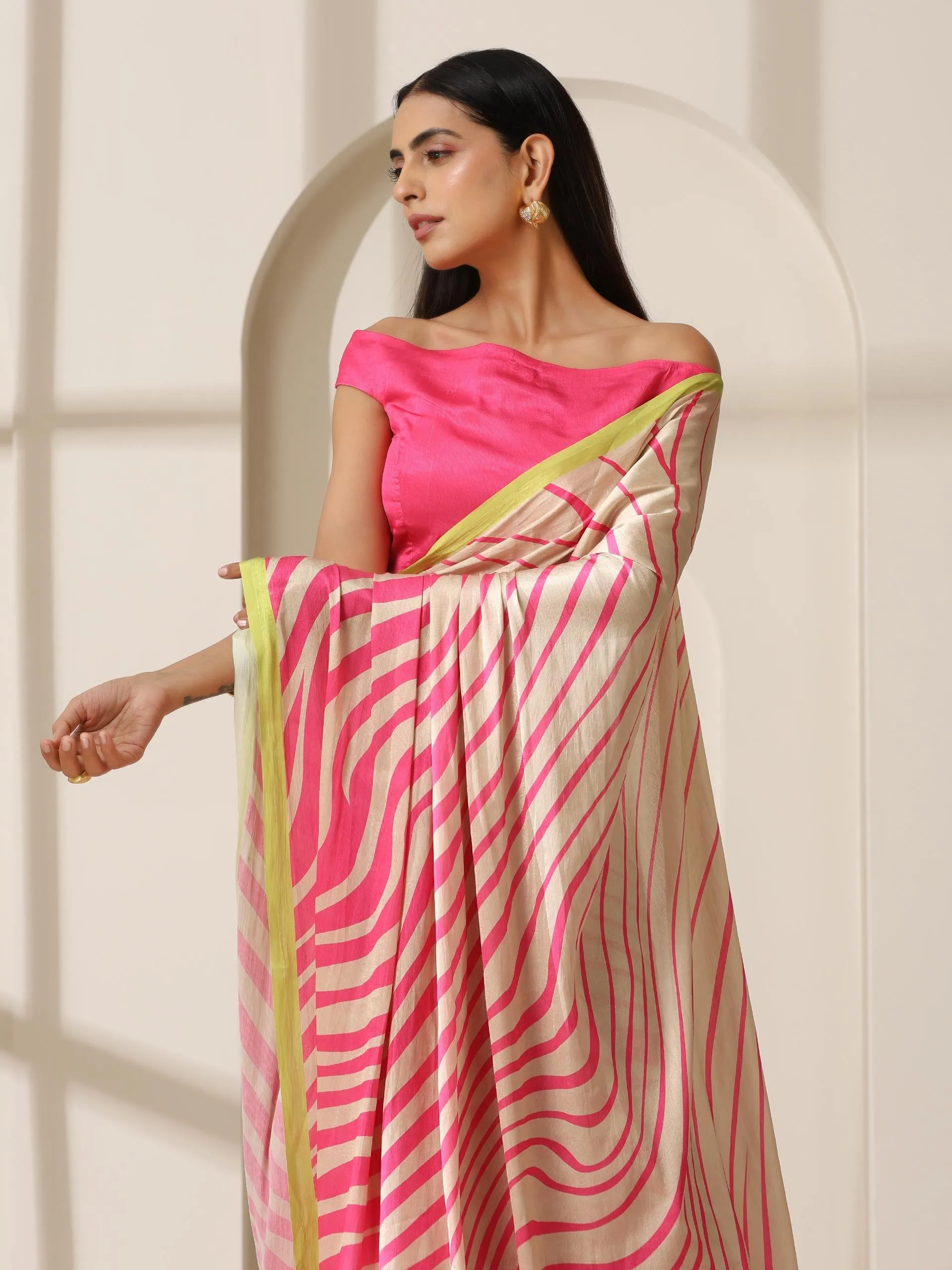 Flirty Fuchsia Waves Satin Print Saree with Neon Border & Blouse Fabric