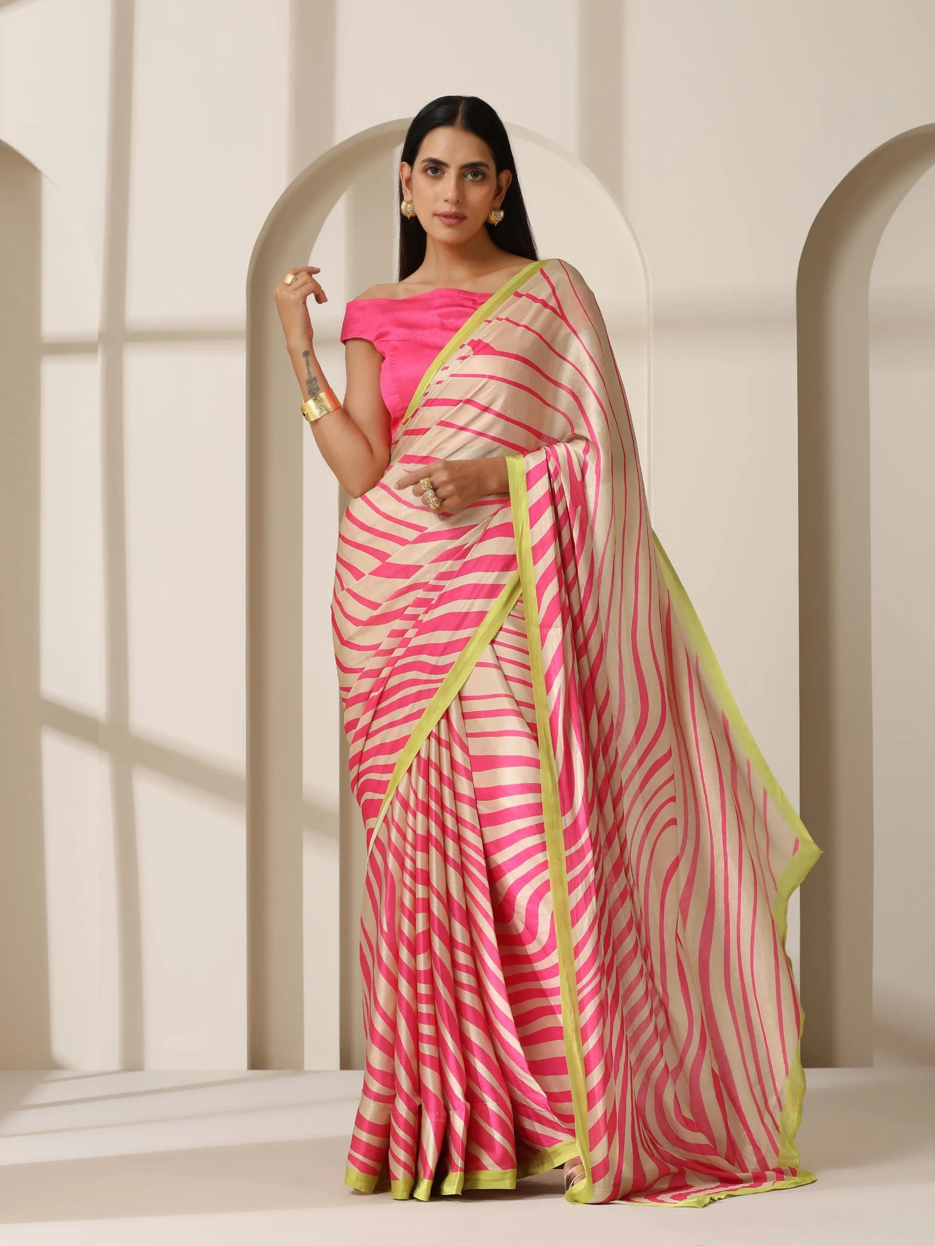 Flirty Fuchsia Waves Satin Print Saree with Neon Border & Blouse Fabric