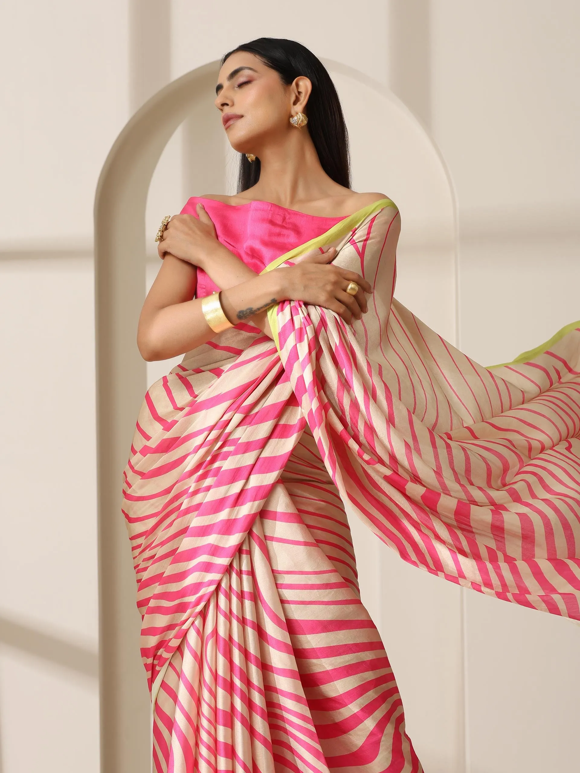 Flirty Fuchsia Waves Satin Print Saree with Neon Border & Blouse Fabric