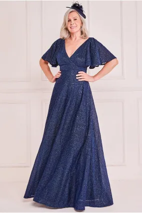 Goddiva Lurex Sequin Flutter Sleeve Maxi - Navy