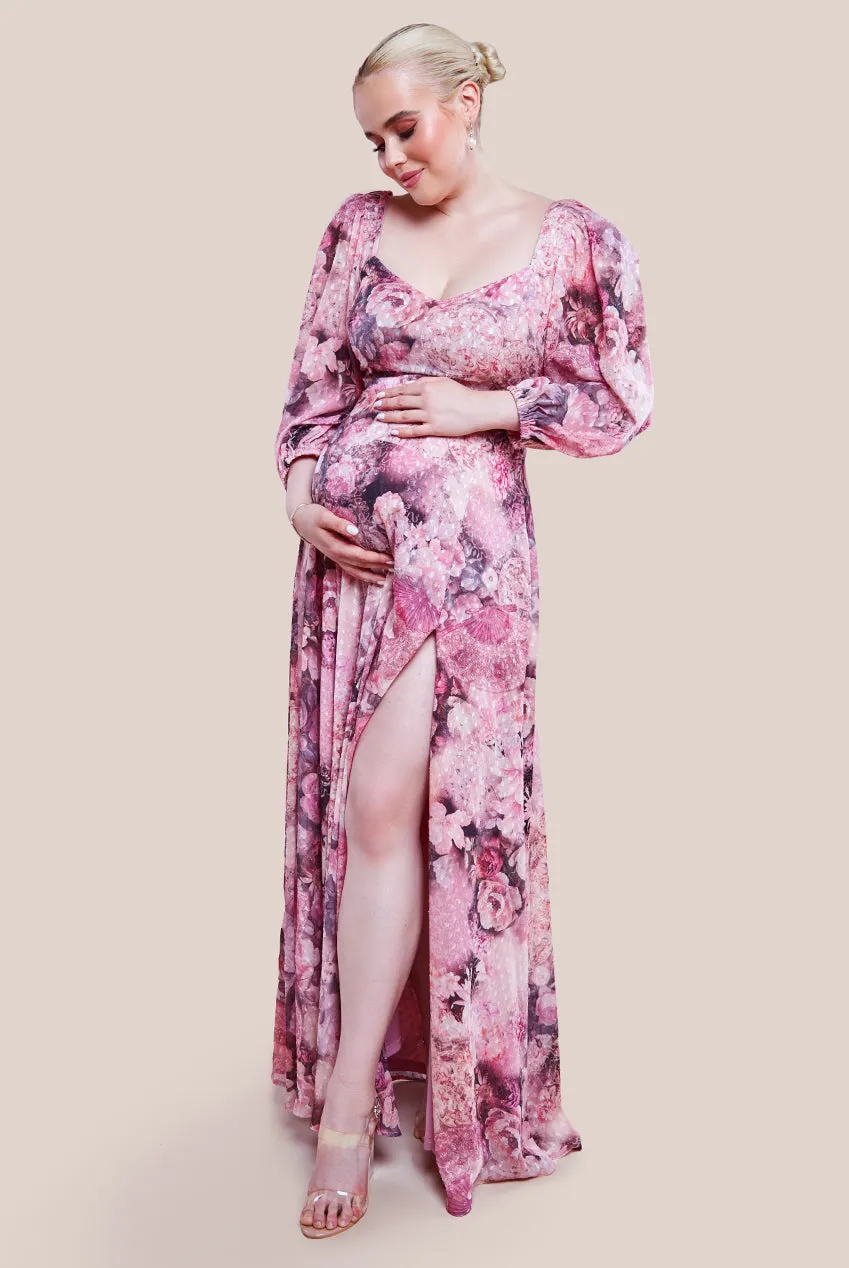 Goddiva Maternity Printed Shirred Back Maxi Dress - Blush