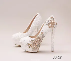 Handmade High Heels Round Toe Pearls Crystal Wedding Shoes, S0038