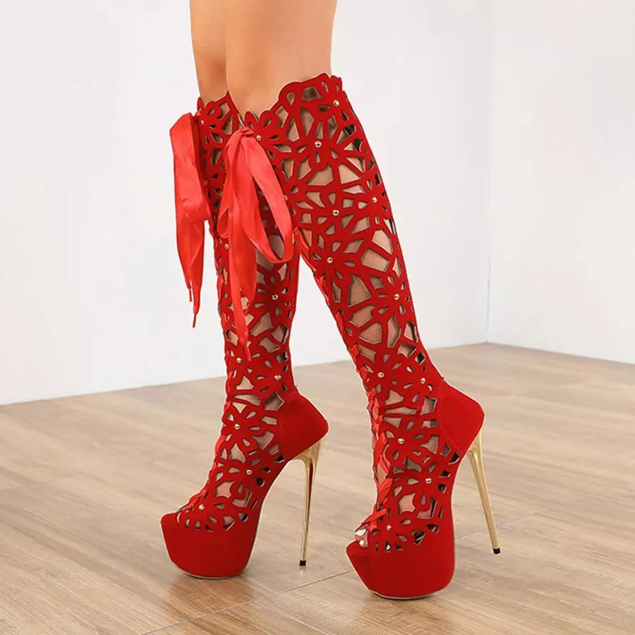 High heel over the knee womens boots. Hollow Out lace up wedding engagement boots. Sexy club boots.