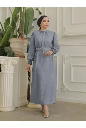 Hijabiya Women's Collar Gathered Sleeves Belted Linen Dress Hijabs