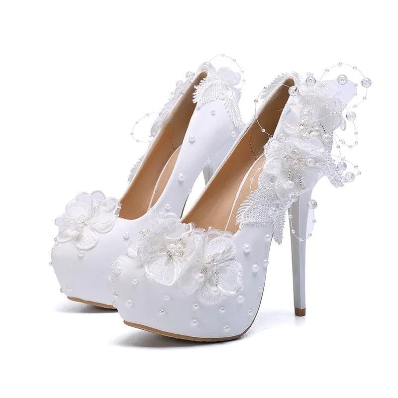 Lace Pearl Flower High Heel Wedding Shoes in White