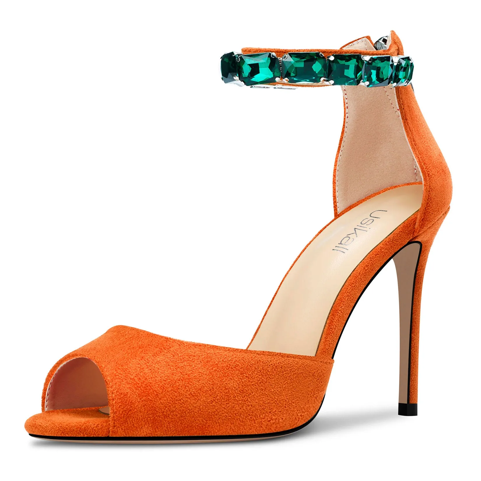 Ladies High Heels Stiletto Pumps Ankle-Strap with Gemstone Peep-toe Sandals Suede 4 Inches Heel