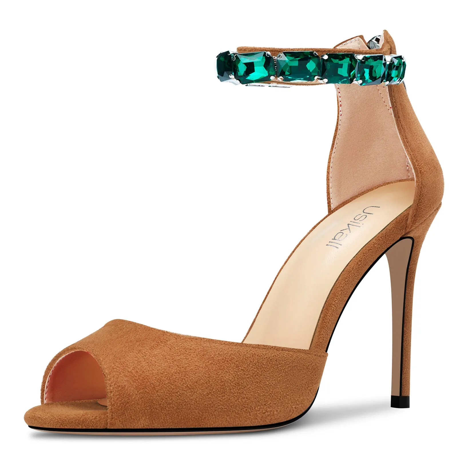 Ladies High Heels Stiletto Pumps Ankle-Strap with Gemstone Peep-toe Sandals Suede 4 Inches Heel