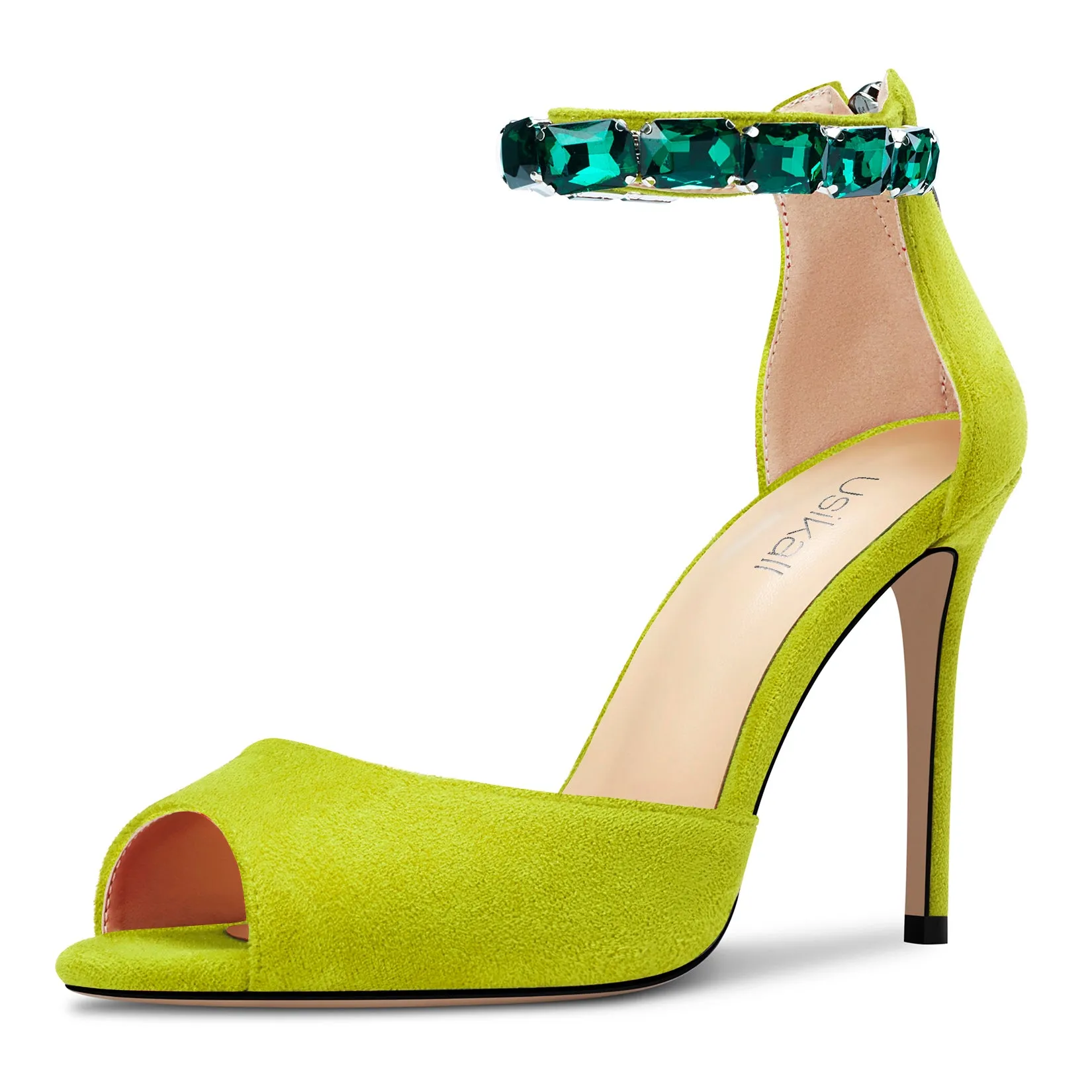 Ladies High Heels Stiletto Pumps Ankle-Strap with Gemstone Peep-toe Sandals Suede 4 Inches Heel