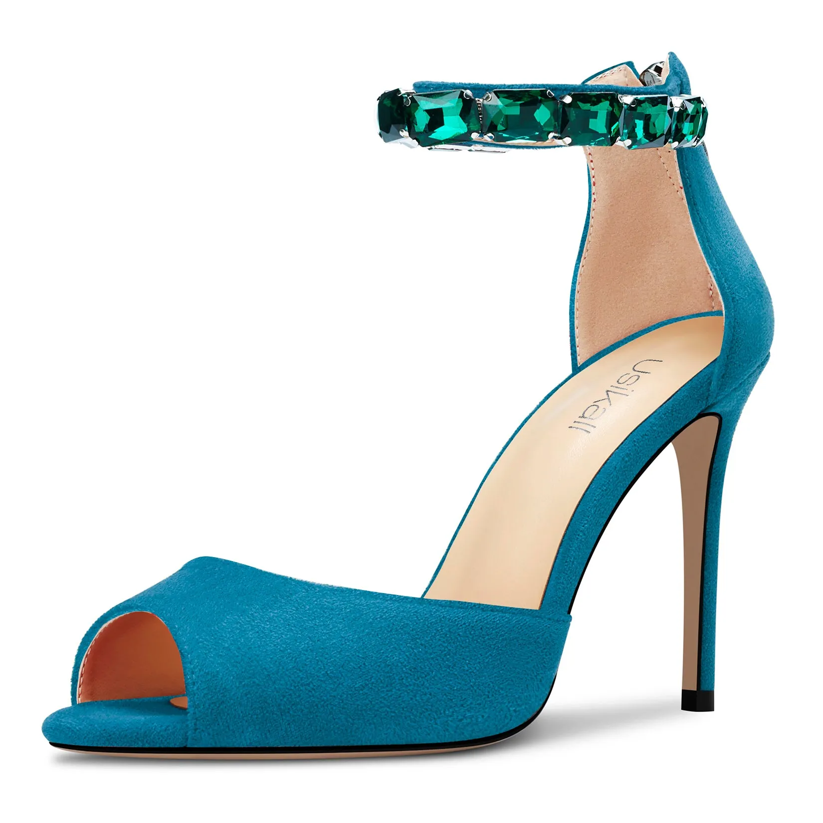 Ladies High Heels Stiletto Pumps Ankle-Strap with Gemstone Peep-toe Sandals Suede 4 Inches Heel